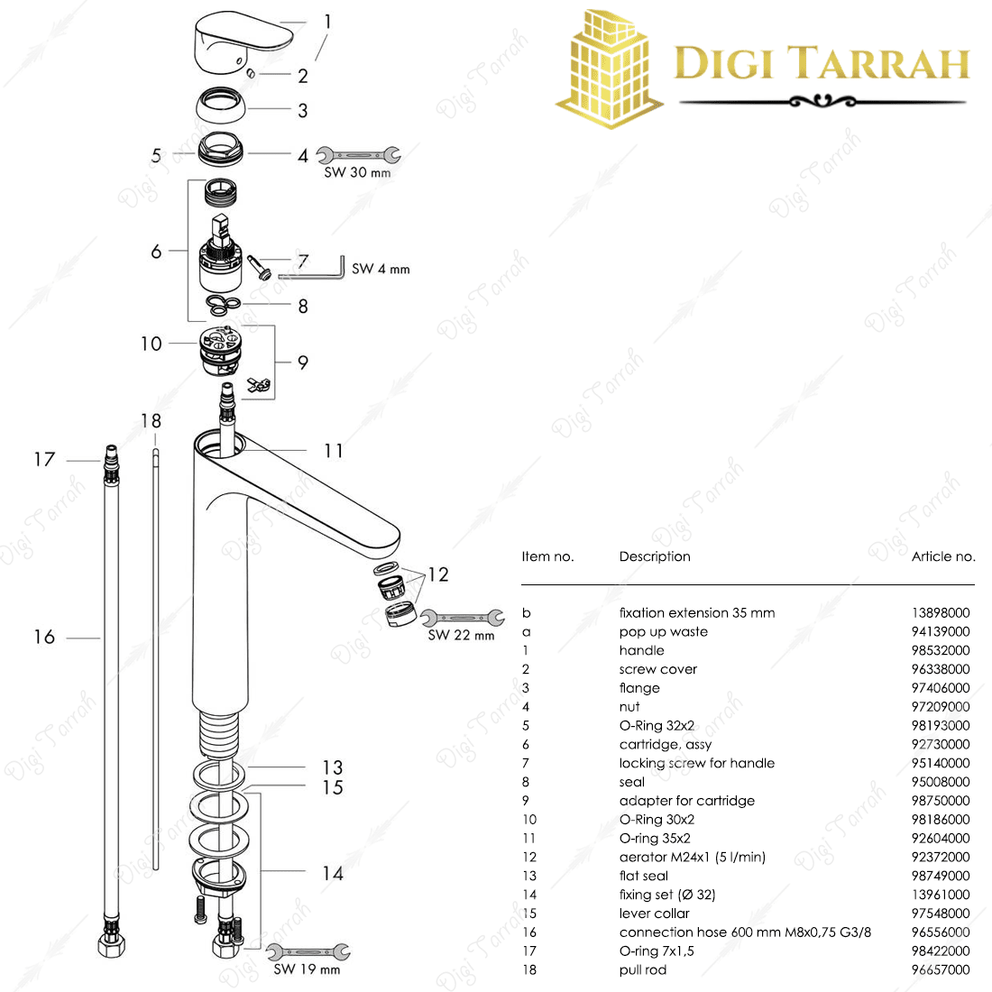 قطعات شیر روشویی هانس گروهه مدل فوکوس با پایه 230 میلی متر