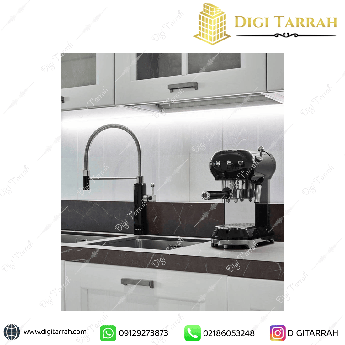 نمای نصب شده شیر ظرفشویی اسمگ smeg مشکی بر روی سینک