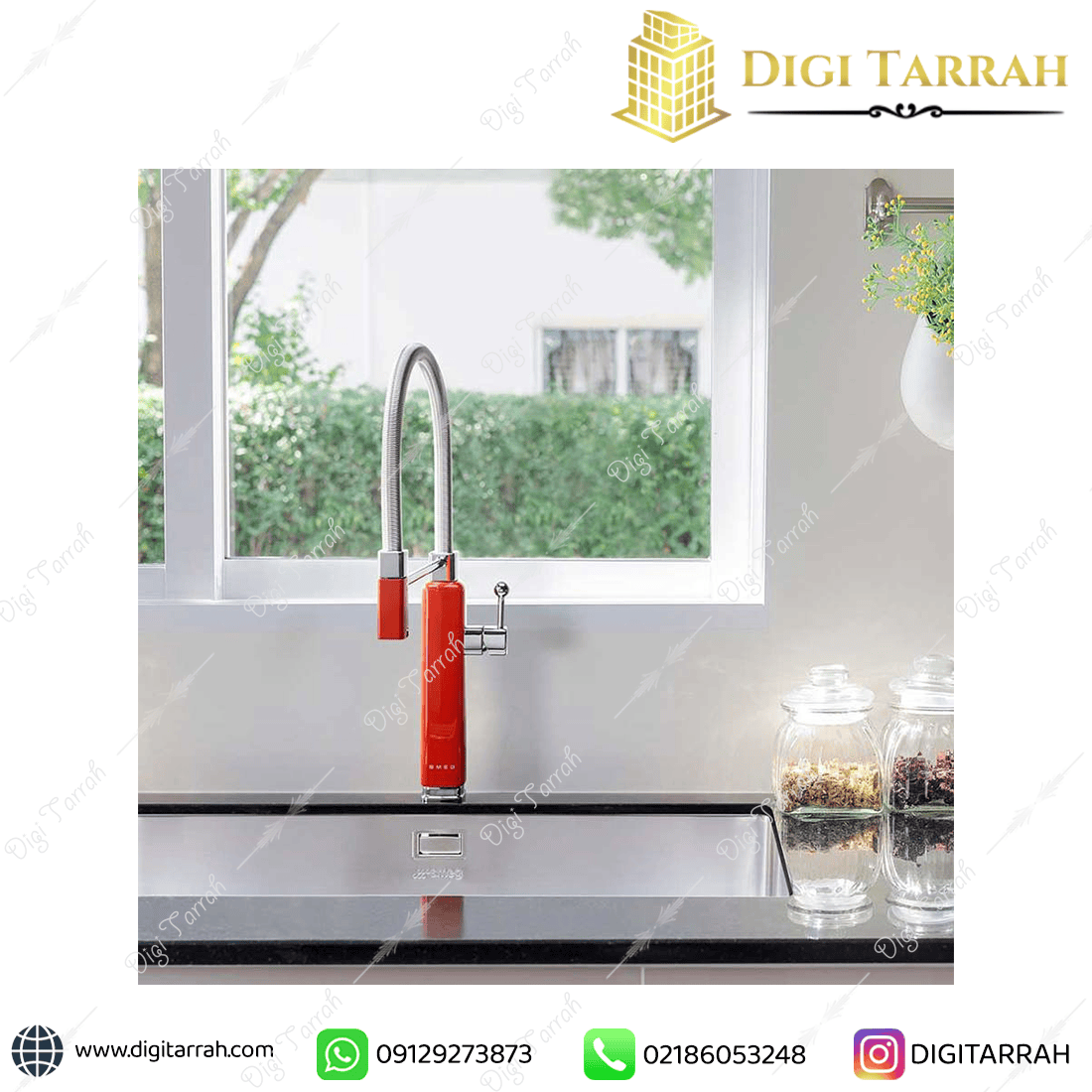 نمای نصب شده شیر ظرفشویی اسمگ smeg قرمز بر روی سینک